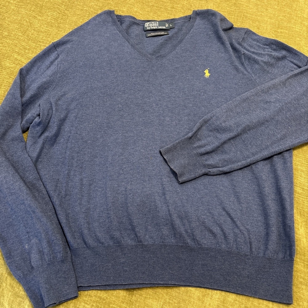 Polo Ralph Lauren Knit Sweater Mens LG Blue V Neck 100% Pima Cotton Yellow‎ Pony